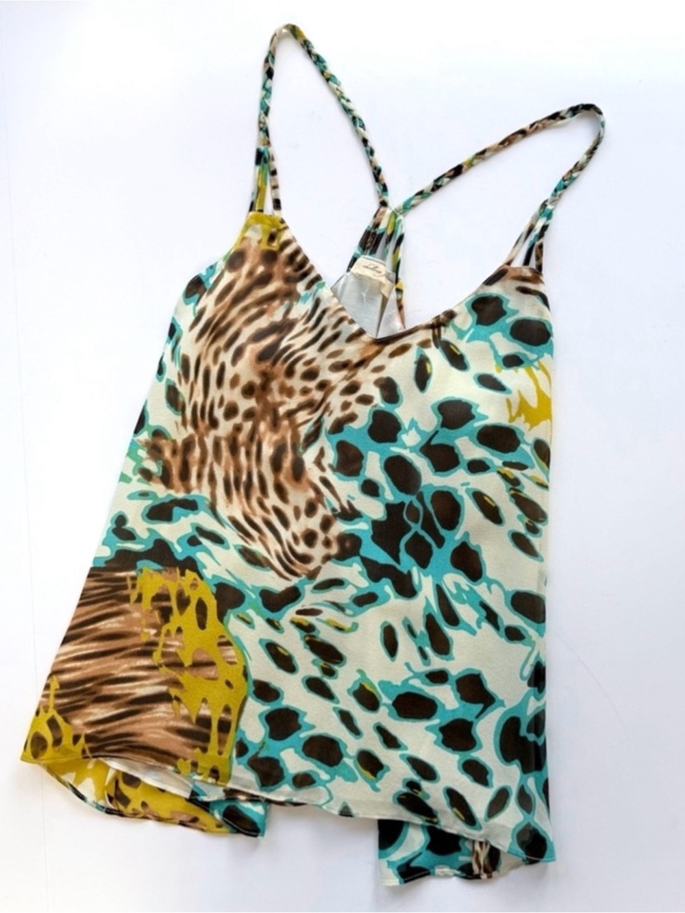 Chelsea Flower Silk Abstract Animal Print Cami Tank Turquoise White Yellow XS
